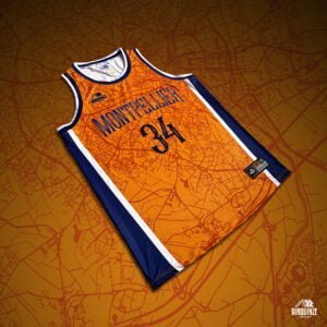 Maillot de basket Montpellier orange conçu par Oxygear